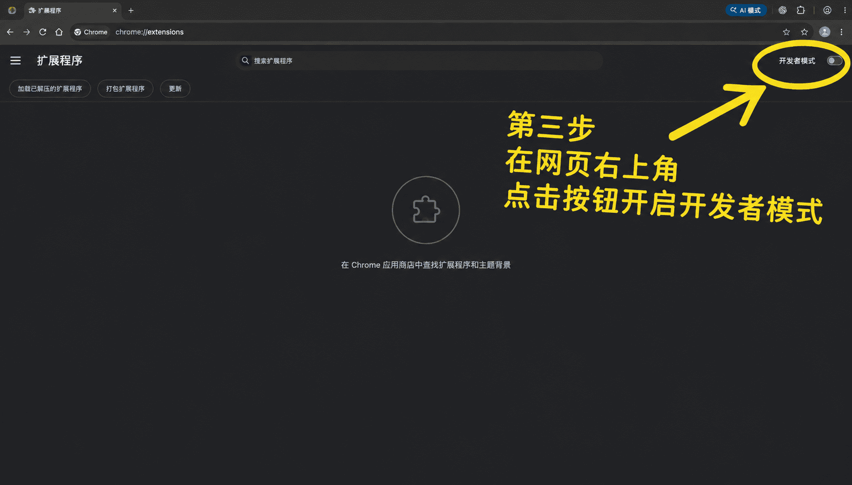第三步图示：打开扩展程序页面右上角的开发者模式